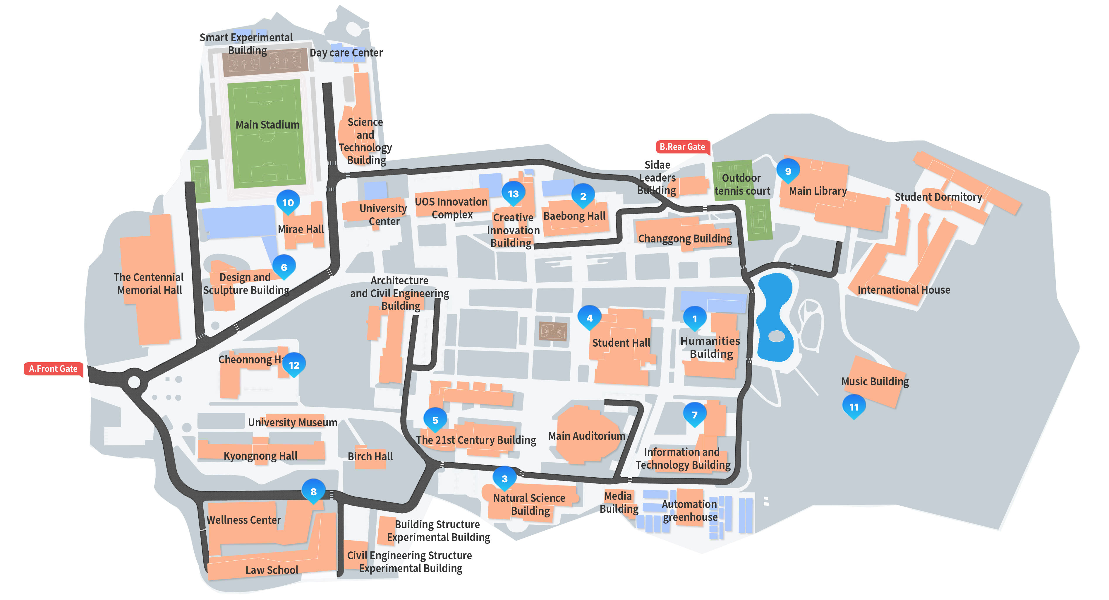 서울시립대학교 흡연구역 안내 1.전농관 3.건설공학관 5.인문대학 8.자연과학관 12.학생회관 13.학군단 15.21세기관 16.조형관 19.정보기술관 20.법학관 21.중앙도서관 33.미래관 35.음악관 37.100주년기념관